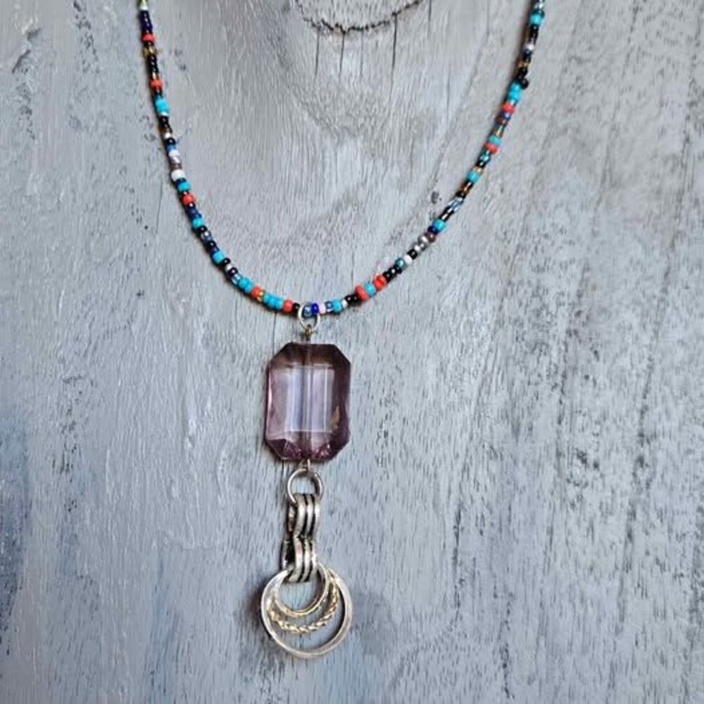 Handmade Boho Beaded Necklace with Repurposed Earring Charm, Colorful Seed Beads